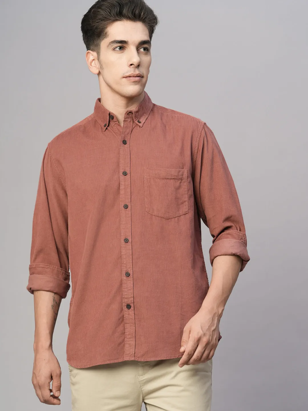 Women Cottonworld Solid | Solid^Men's 100% Cotton Corduroy Regular Fit Long Sleeved Shirt