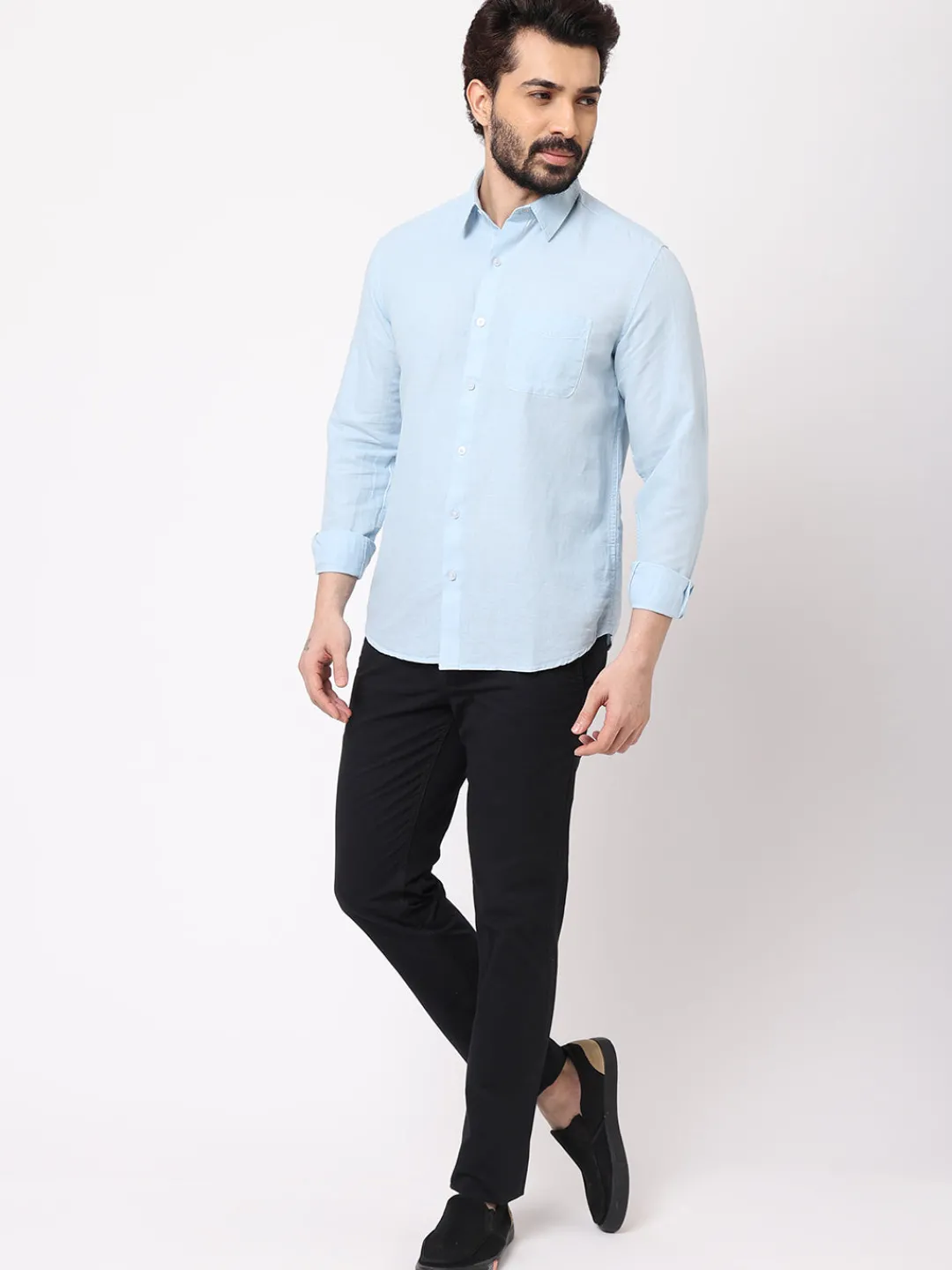 Women Cottonworld 100% Linen Shirts | 100% Linen Shirts^Men's 100% Linen Blue Regular Fit Striped Shirt