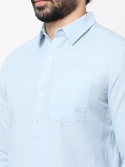 Women Cottonworld 100% Linen Shirts | 100% Linen Shirts^Men's 100% Linen Blue Regular Fit Striped Shirt