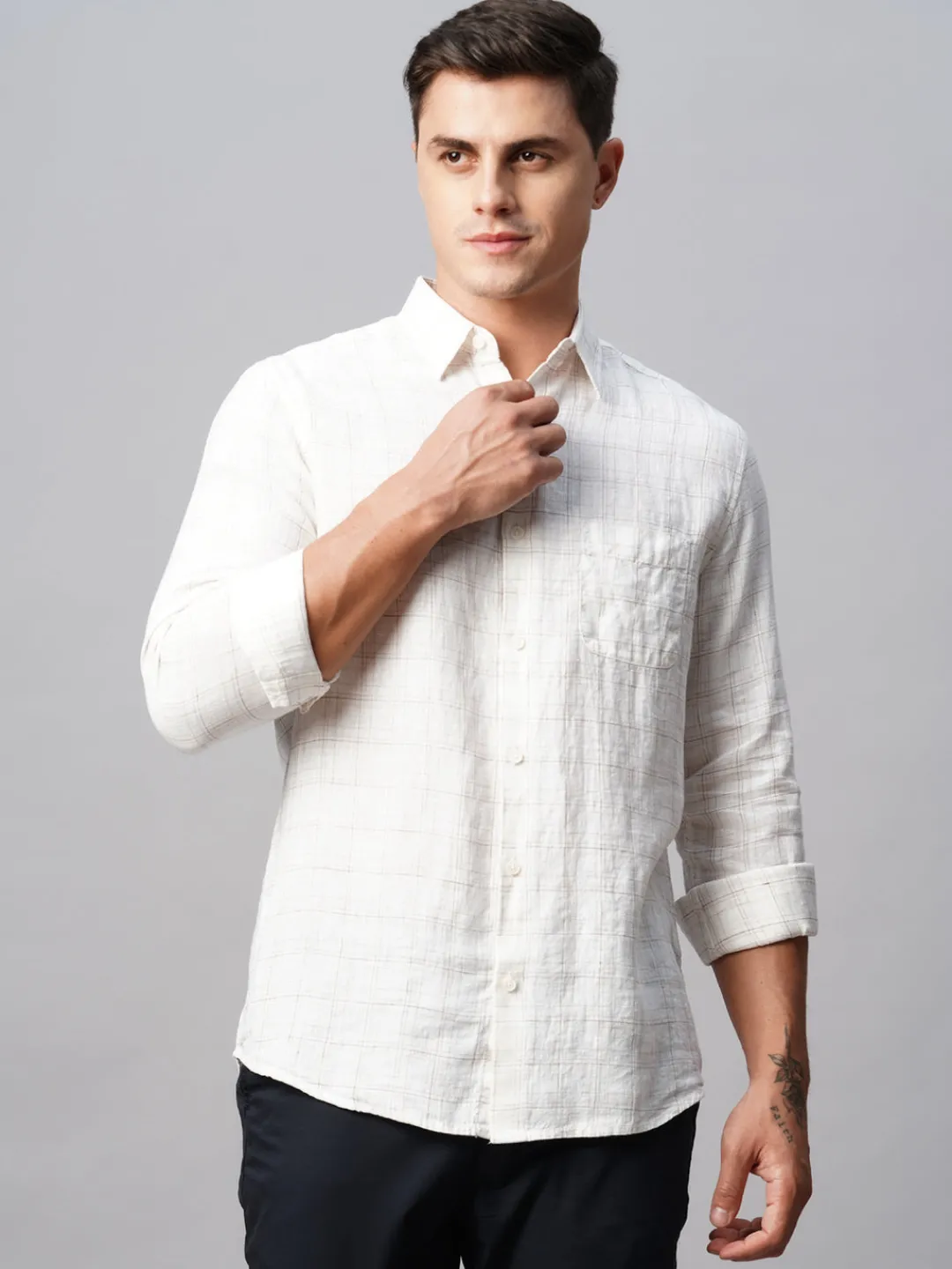Women Cottonworld 100% Linen Shirts | 100% Linen Shirts^Men's 100% Linen Regular Fit Long Sleeved Checked Shirt