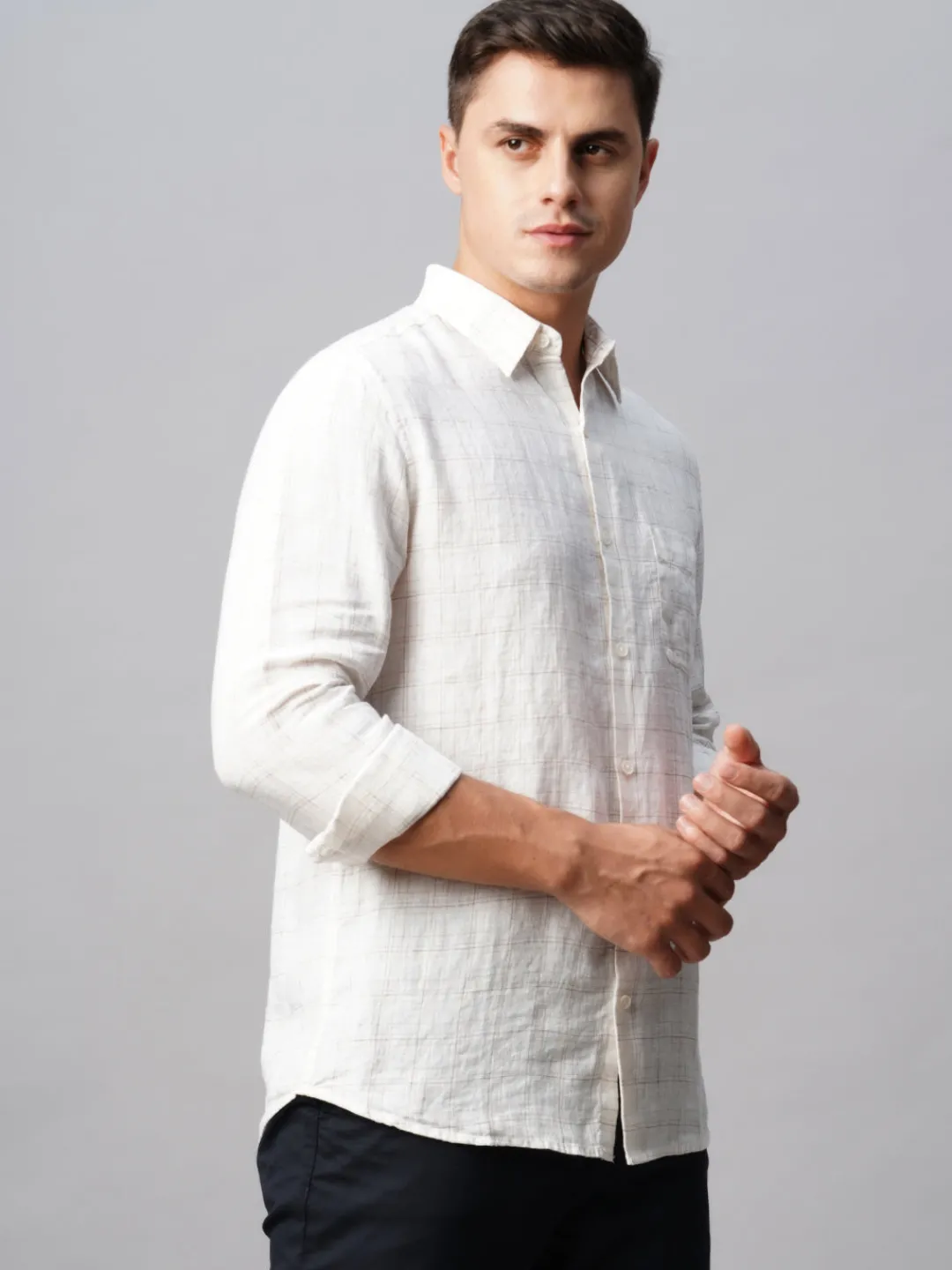 Women Cottonworld 100% Linen Shirts | 100% Linen Shirts^Men's 100% Linen Regular Fit Long Sleeved Checked Shirt