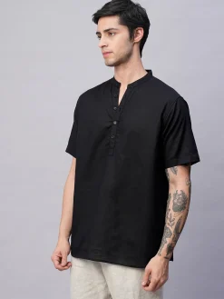Women Cottonworld Shirts | Shirts^Men's Linen Cotton Slim Fit Band Collar Kurta Shirt