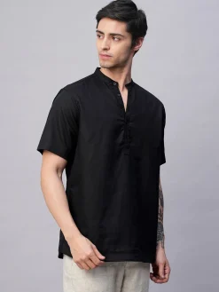 Women Cottonworld Shirts | Shirts^Men's Linen Cotton Slim Fit Band Collar Kurta Shirt