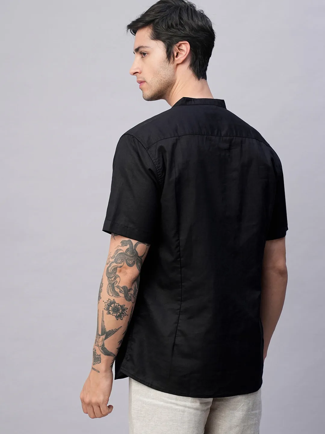 Women Cottonworld Shirts | Shirts^Men's Linen Cotton Slim Fit Band Collar Kurta Shirt