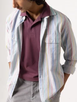 Women Cottonworld Striped | Striped^Men's 100% Cotton Regular Fit 2 Pocket Stripe Summer Shirt