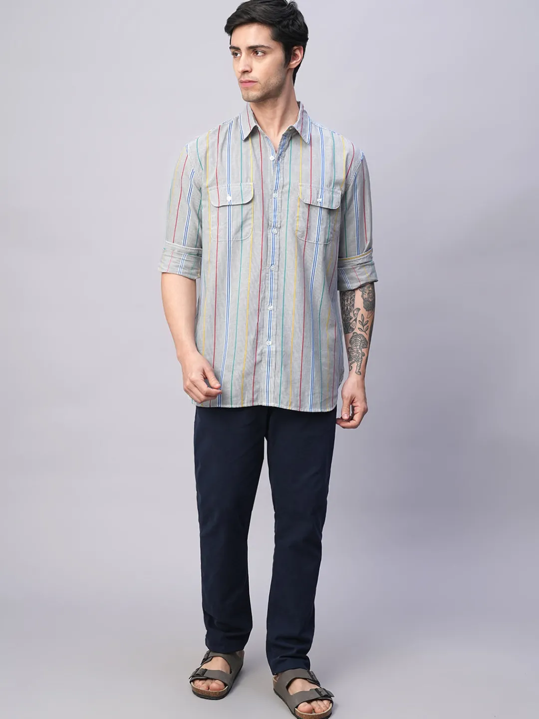 Women Cottonworld Striped | Striped^Men's 100% Cotton Regular Fit 2 Pocket Stripe Summer Shirt