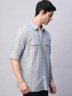 Women Cottonworld Striped | Striped^Men's 100% Cotton Regular Fit 2 Pocket Stripe Summer Shirt