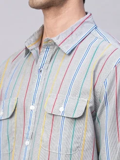 Women Cottonworld Striped | Striped^Men's 100% Cotton Regular Fit 2 Pocket Stripe Summer Shirt
