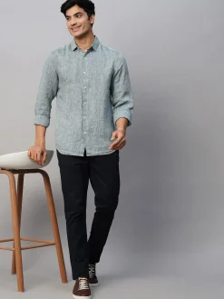 Women Cottonworld 100% Linen Shirts | 100% Linen Shirts^Men's Green 100% Linen Slim Fit Long Sleeved Shirt