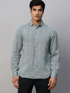 Women Cottonworld 100% Linen Shirts | 100% Linen Shirts^Men's Green 100% Linen Slim Fit Long Sleeved Shirt