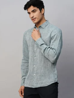 Women Cottonworld 100% Linen Shirts | 100% Linen Shirts^Men's Green 100% Linen Slim Fit Long Sleeved Shirt