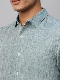 Women Cottonworld 100% Linen Shirts | 100% Linen Shirts^Men's Green 100% Linen Slim Fit Long Sleeved Shirt