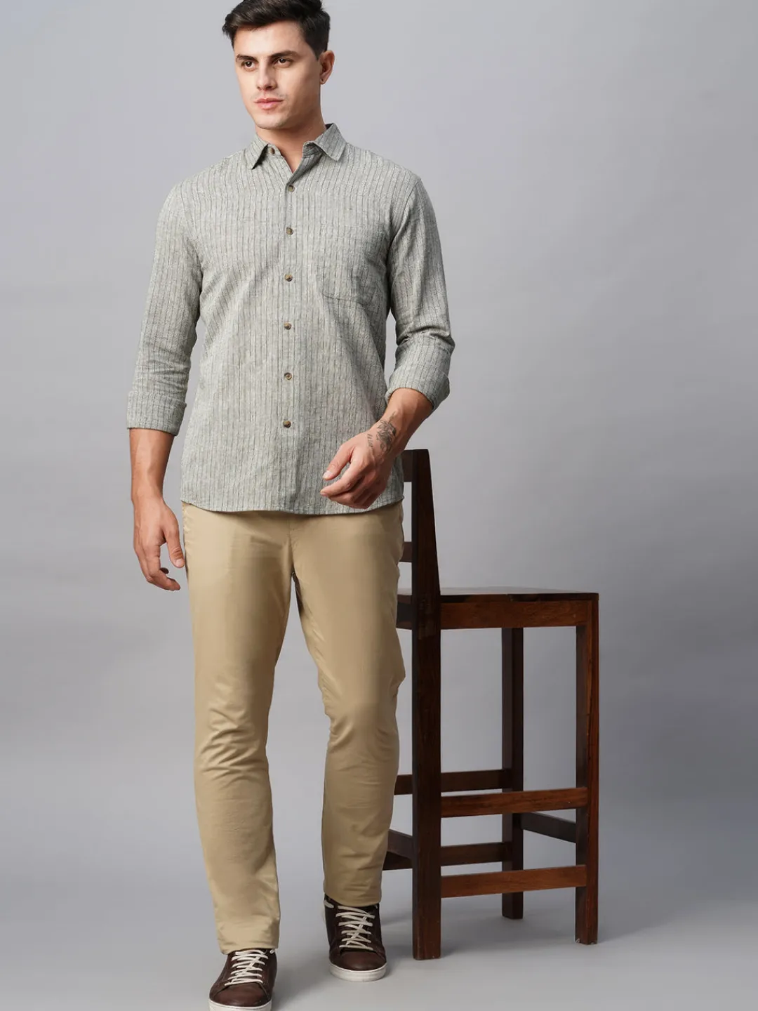 Women Cottonworld Shirts | Shirts^Men's Linen Cotton Regular Fit Striped Shirt