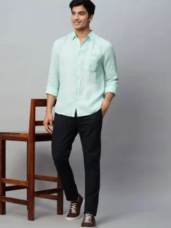 Women Cottonworld 100% Linen Shirts | 100% Linen Shirts^Men's Green 100% Linen Regular Fit Long Sleeved Shirt
