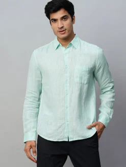 Women Cottonworld 100% Linen Shirts | 100% Linen Shirts^Men's Green 100% Linen Regular Fit Long Sleeved Shirt