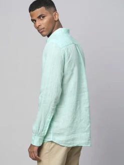 Women Cottonworld 100% Linen Shirts | 100% Linen Shirts^Men's Green 100% Linen Regular Fit Long Sleeved Shirt