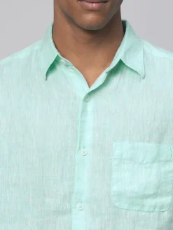 Women Cottonworld 100% Linen Shirts | 100% Linen Shirts^Men's Green 100% Linen Regular Fit Long Sleeved Shirt