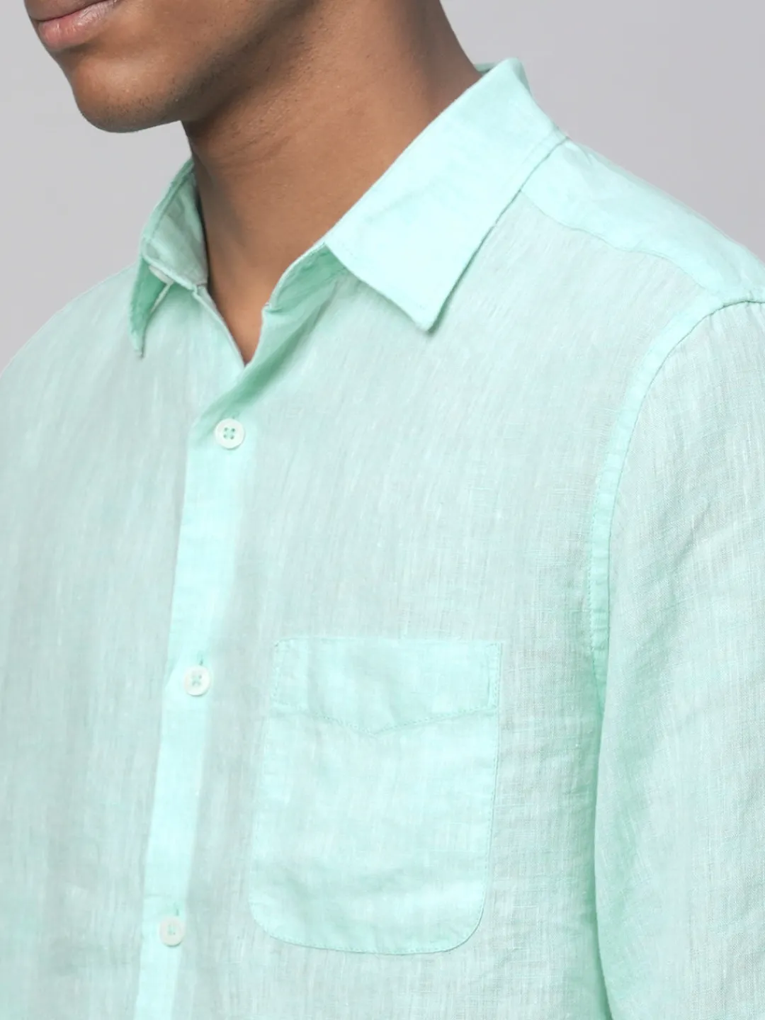Women Cottonworld 100% Linen Shirts | 100% Linen Shirts^Men's Green 100% Linen Regular Fit Long Sleeved Shirt