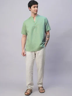 Women Cottonworld Shirts | Shirts^Men's Linen Cotton Slim Fit Band Collar Kurta Shirt