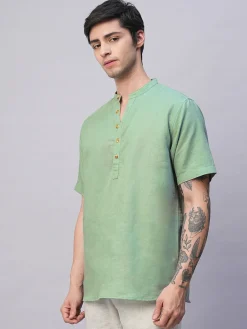 Women Cottonworld Shirts | Shirts^Men's Linen Cotton Slim Fit Band Collar Kurta Shirt