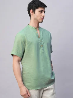 Women Cottonworld Shirts | Shirts^Men's Linen Cotton Slim Fit Band Collar Kurta Shirt
