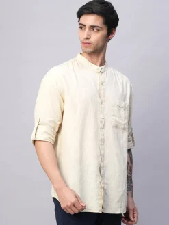 Women Cottonworld Shirts | Shirts^Men's Cotton Linen Band Collar Regular Fit Shirt