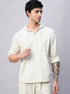 Women Cottonworld Striped | Striped^Men's 100% Cotton Regular Fit Hooded Shirt