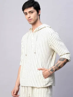 Women Cottonworld Striped | Striped^Men's 100% Cotton Regular Fit Hooded Shirt