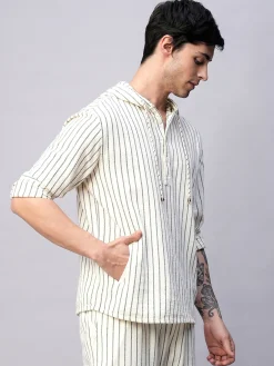 Women Cottonworld Striped | Striped^Men's 100% Cotton Regular Fit Hooded Shirt
