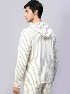 Women Cottonworld Striped | Striped^Men's 100% Cotton Regular Fit Hooded Shirt