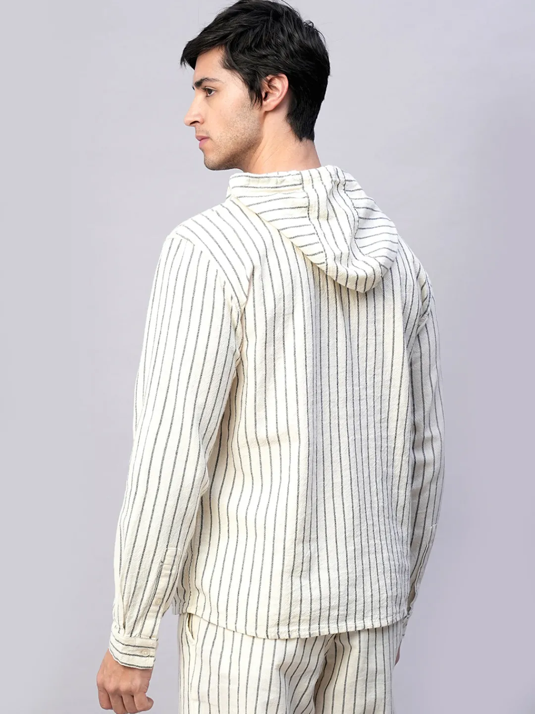 Women Cottonworld Striped | Striped^Men's 100% Cotton Regular Fit Hooded Shirt