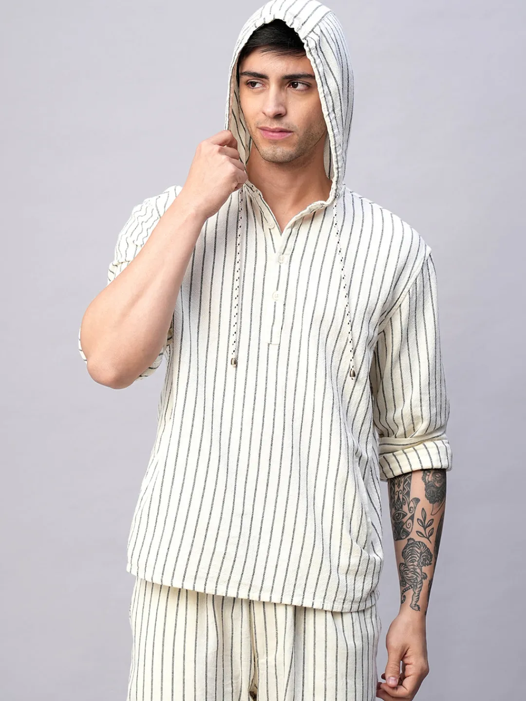 Women Cottonworld Striped | Striped^Men's 100% Cotton Regular Fit Hooded Shirt