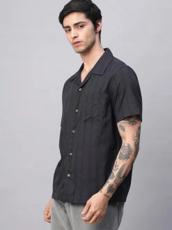 Women Cottonworld Striped | Striped^Men's 100% Cotton Stripe Regular Fit Cuban Collar Shirt