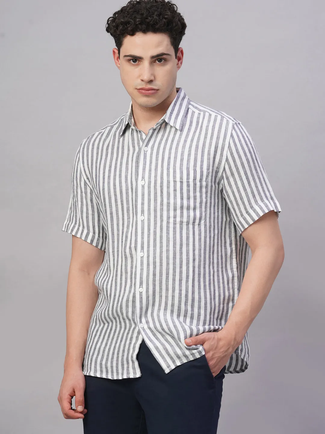 Women Cottonworld Striped | Striped^Men's 100% Linen Regular Fit Shirt