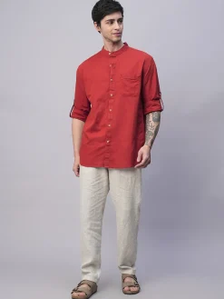 Women Cottonworld Shirts | Shirts^Men's Cotton Linen Band Collar Regular Fit Shirt