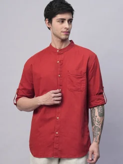 Women Cottonworld Shirts | Shirts^Men's Cotton Linen Band Collar Regular Fit Shirt