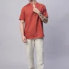 Women Cottonworld Shirts | Shirts^Men's Linen Cotton Slim Fit Band Collar Kurta Shirt