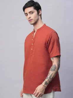 Women Cottonworld Shirts | Shirts^Men's Linen Cotton Slim Fit Band Collar Kurta Shirt