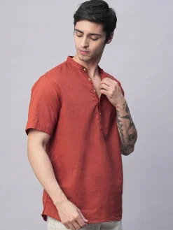 Women Cottonworld Shirts | Shirts^Men's Linen Cotton Slim Fit Band Collar Kurta Shirt