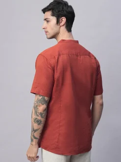 Women Cottonworld Shirts | Shirts^Men's Linen Cotton Slim Fit Band Collar Kurta Shirt