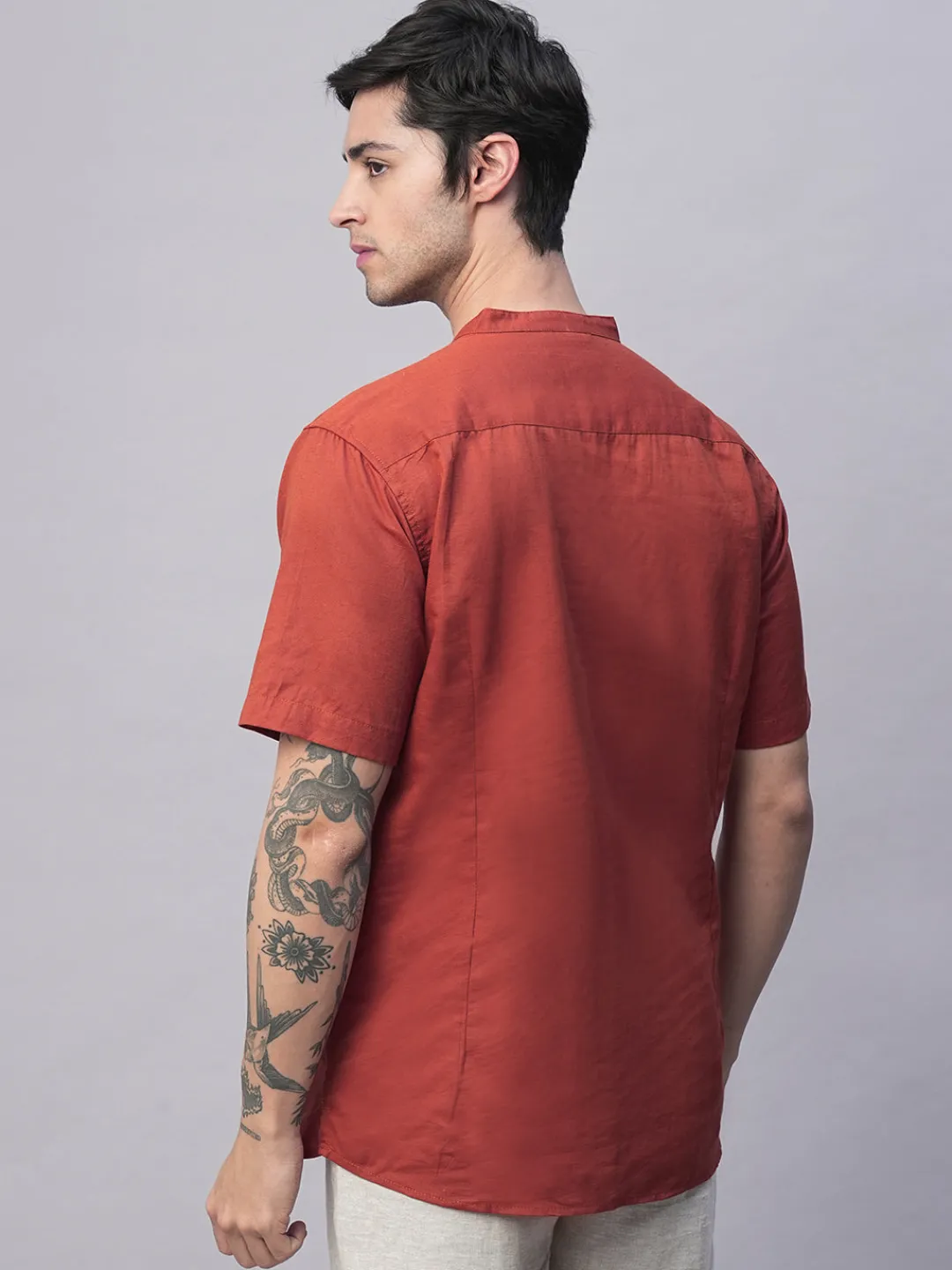 Women Cottonworld Shirts | Shirts^Men's Linen Cotton Slim Fit Band Collar Kurta Shirt