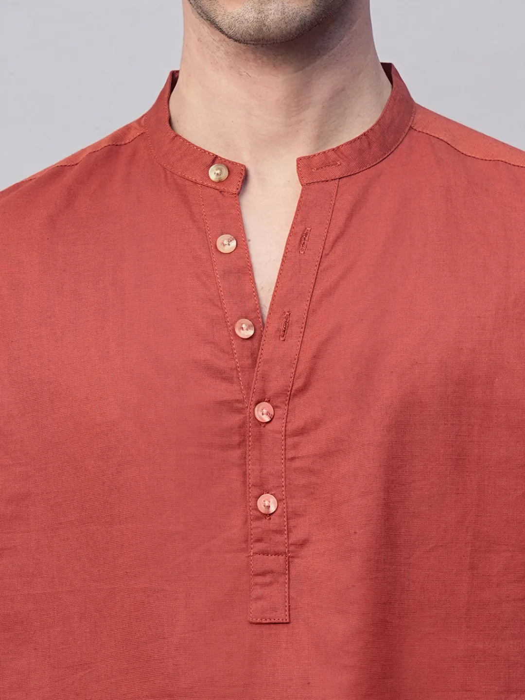 Women Cottonworld Shirts | Shirts^Men's Linen Cotton Slim Fit Band Collar Kurta Shirt