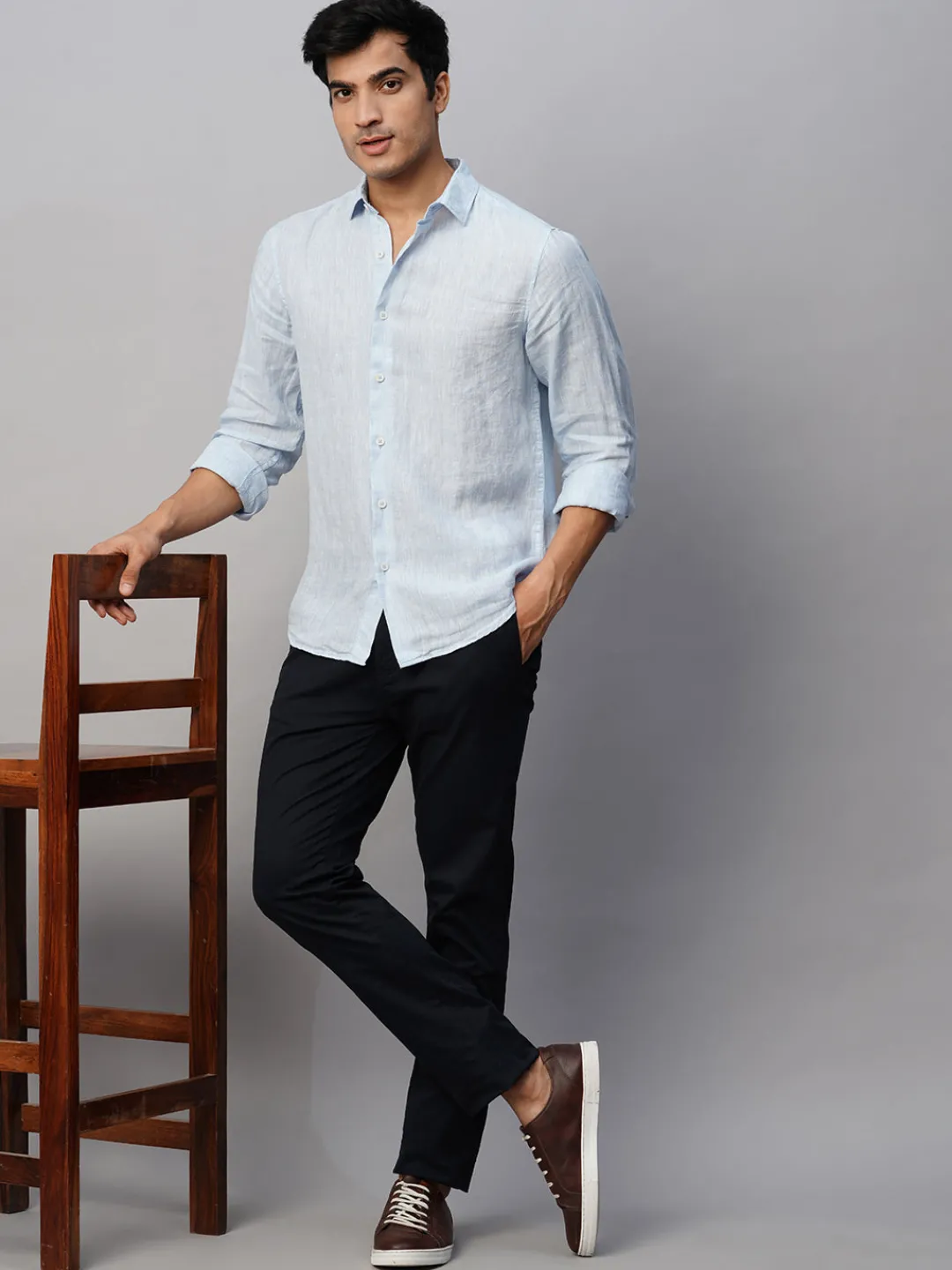 Women Cottonworld 100% Linen Shirts | 100% Linen Shirts^Men's Blue 100% Linen Slim Fit Long Sleeved Shirt