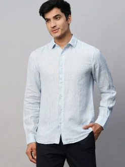 Women Cottonworld 100% Linen Shirts | 100% Linen Shirts^Men's Blue 100% Linen Slim Fit Long Sleeved Shirt