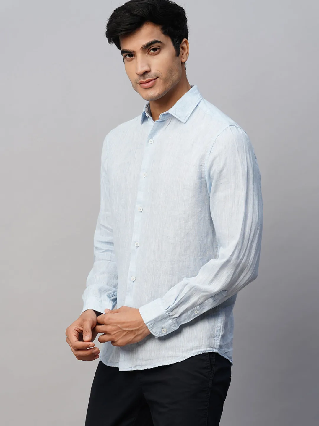 Women Cottonworld 100% Linen Shirts | 100% Linen Shirts^Men's Blue 100% Linen Slim Fit Long Sleeved Shirt