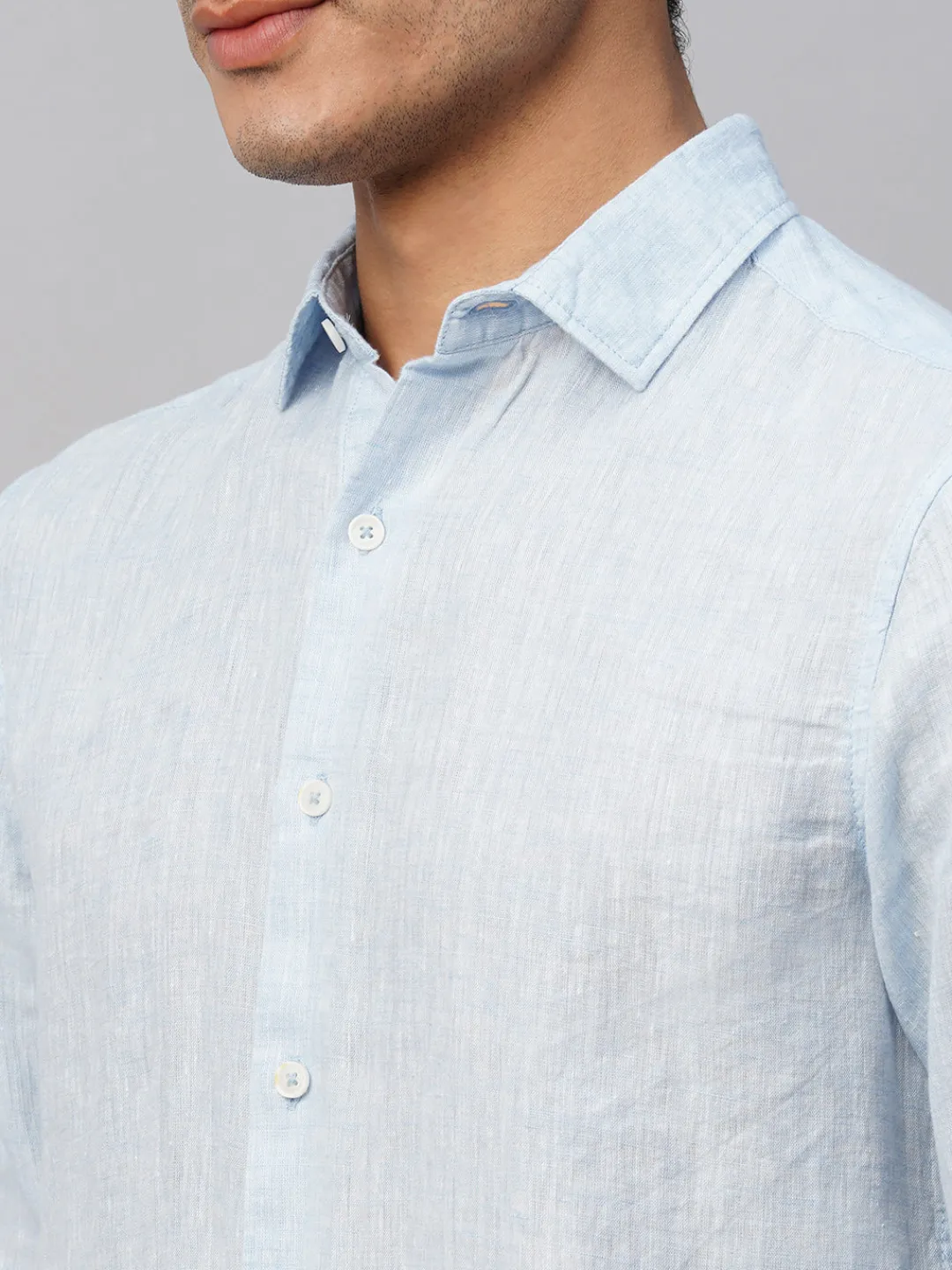Women Cottonworld 100% Linen Shirts | 100% Linen Shirts^Men's Blue 100% Linen Slim Fit Long Sleeved Shirt