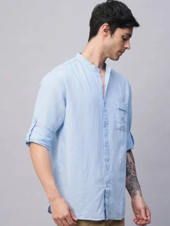 Women Cottonworld Shirts | Shirts^Men's Cotton Linen Band Collar Regular Fit Shirt