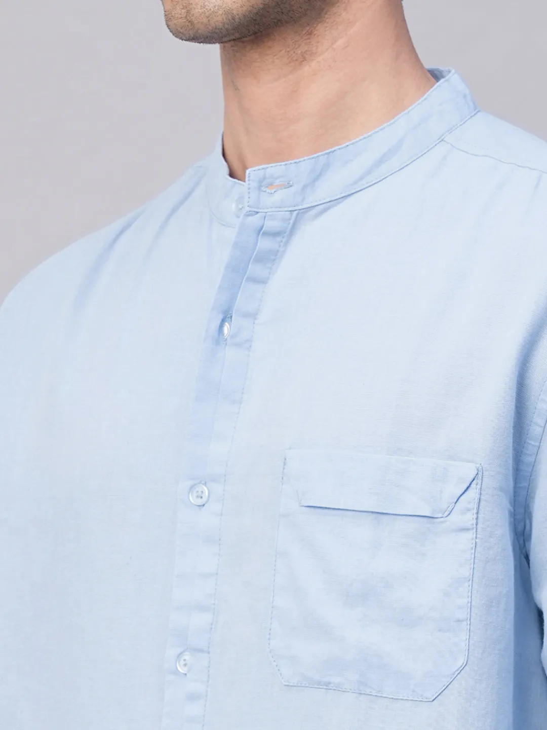 Women Cottonworld Shirts | Shirts^Men's Cotton Linen Band Collar Regular Fit Shirt