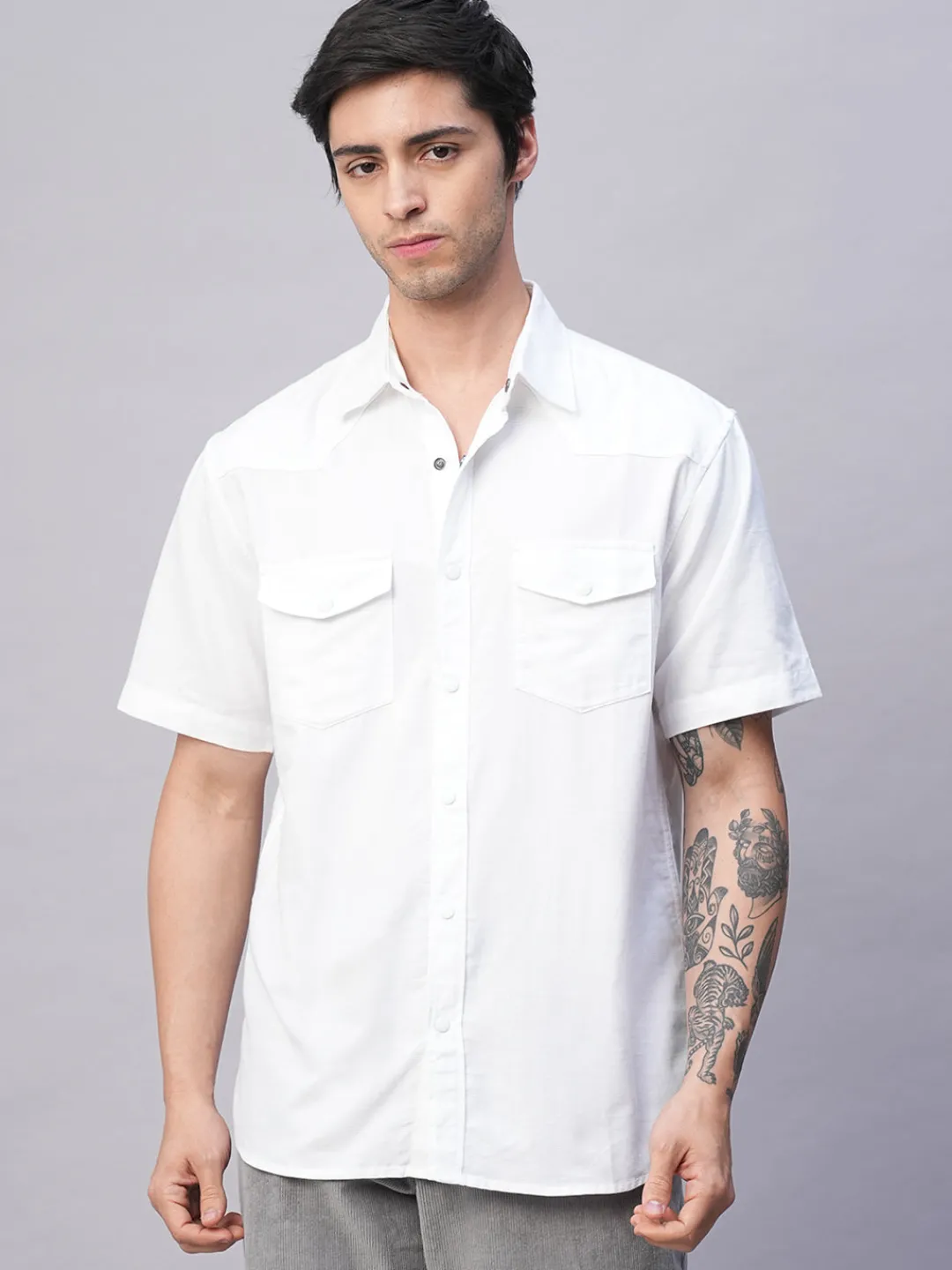 Women Cottonworld Solid | Solid^Men's 100% Cotton Regular Fit 2 Pocket Western Yoke Shirt