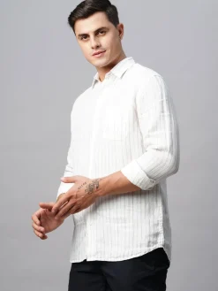 Women Cottonworld 100% Linen Shirts | 100% Linen Shirts^Men's 100% Linen Regular Fit Long Sleeved Striped Shirt